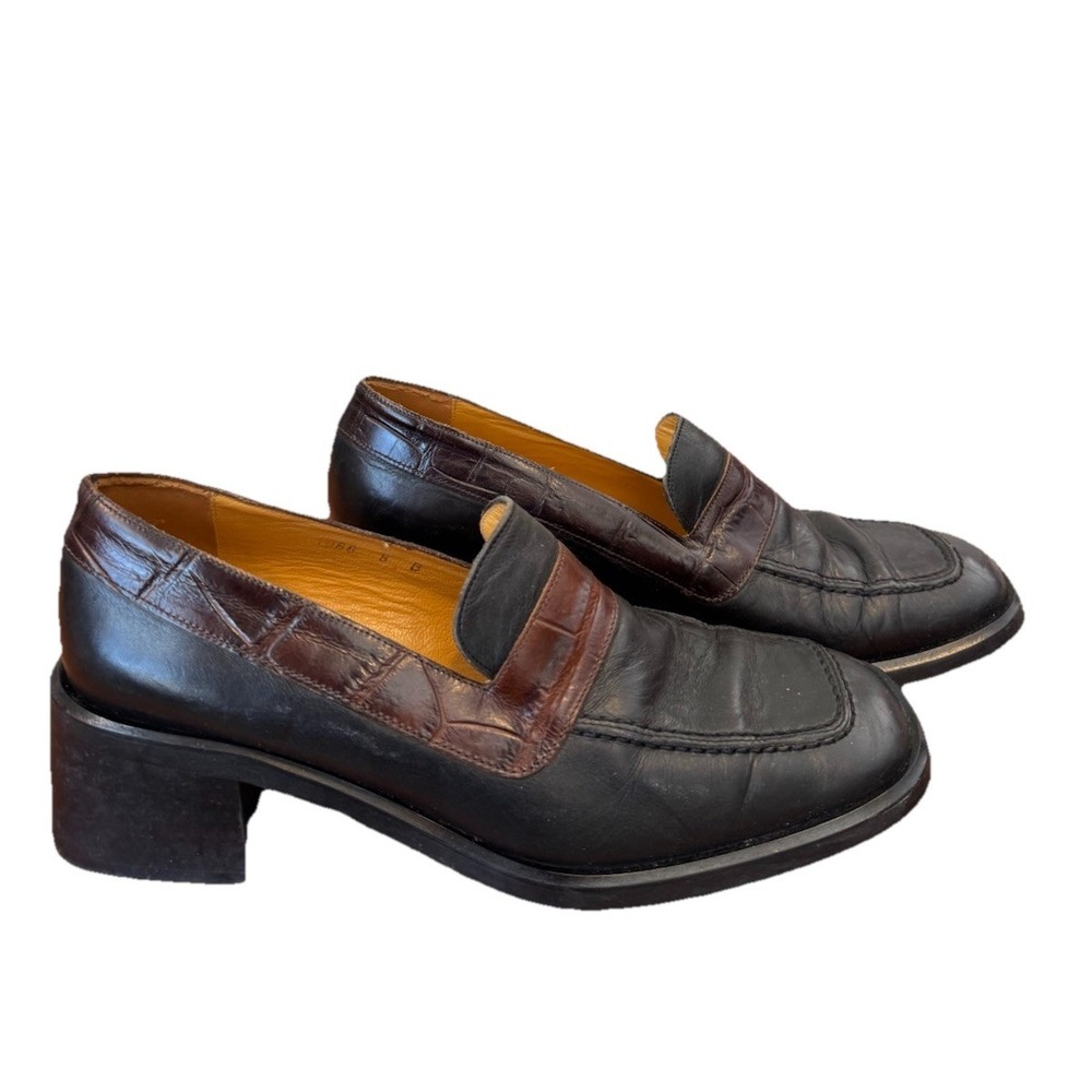 Black Chunky Leather Square Toe Oxford Heeled Shoes Grunge Clueless Y2K VTG 8 B